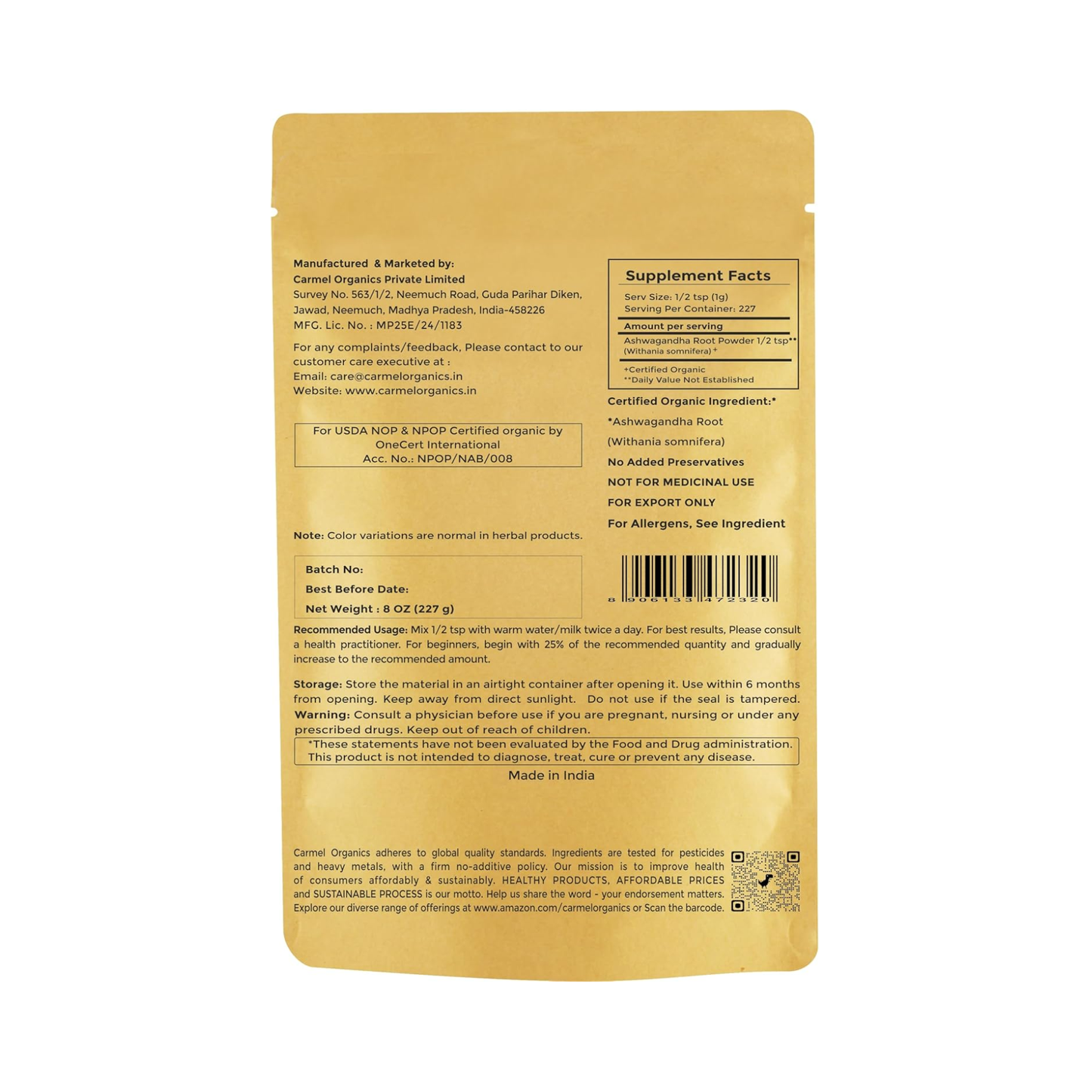 Carmel Organics Ashwagandha Powder 227g