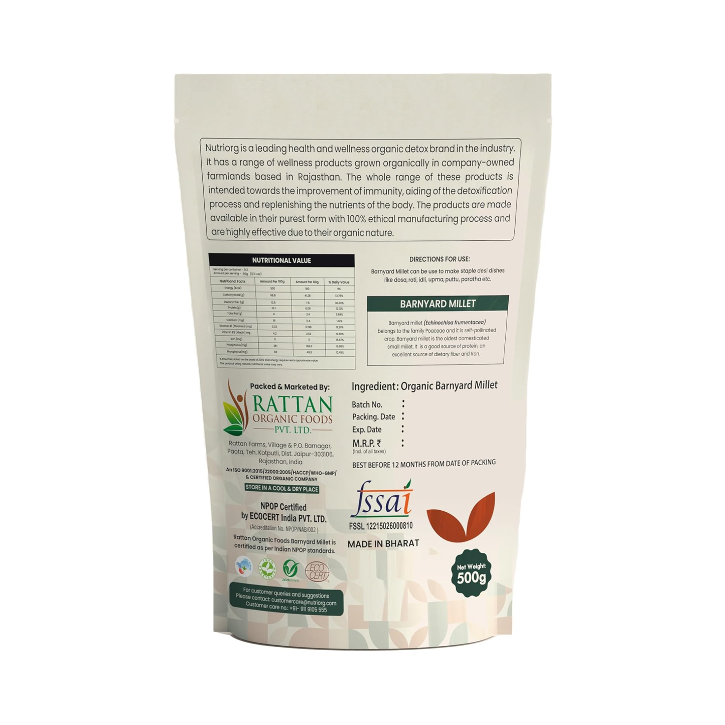 Nutriorg Organic Barnyard Millet 500g