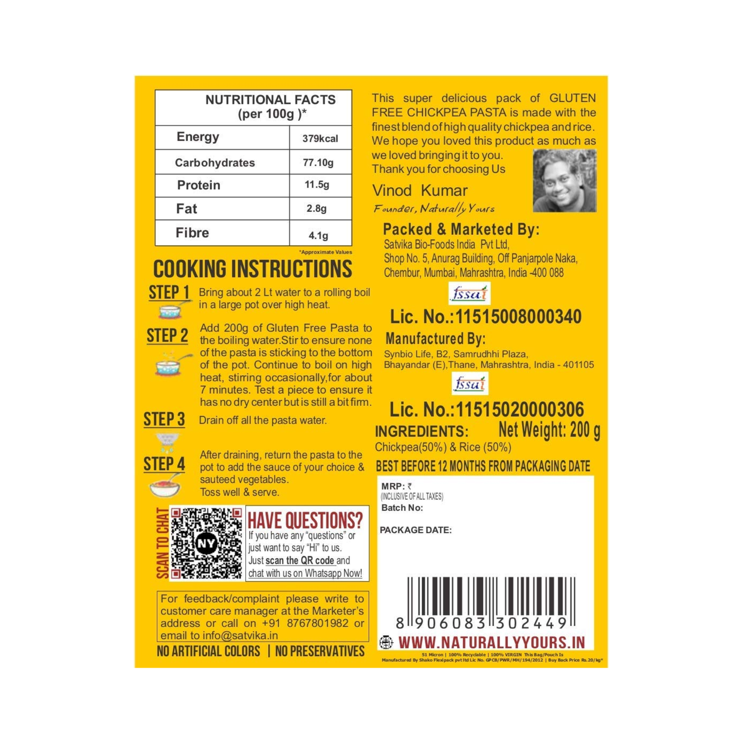 Naturally Yours Gluten Free Chickpea Pasta 200g