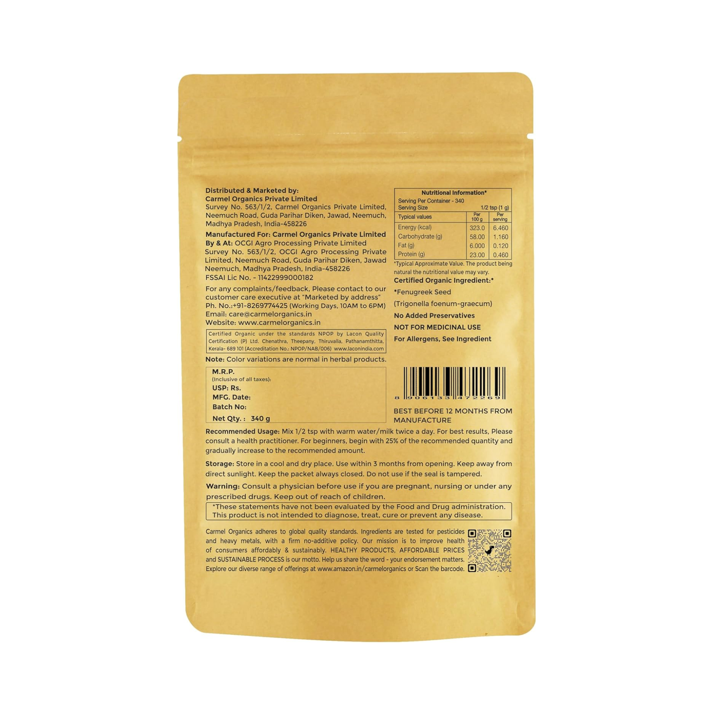 Carmel Organics Fenugreek Powder 340g