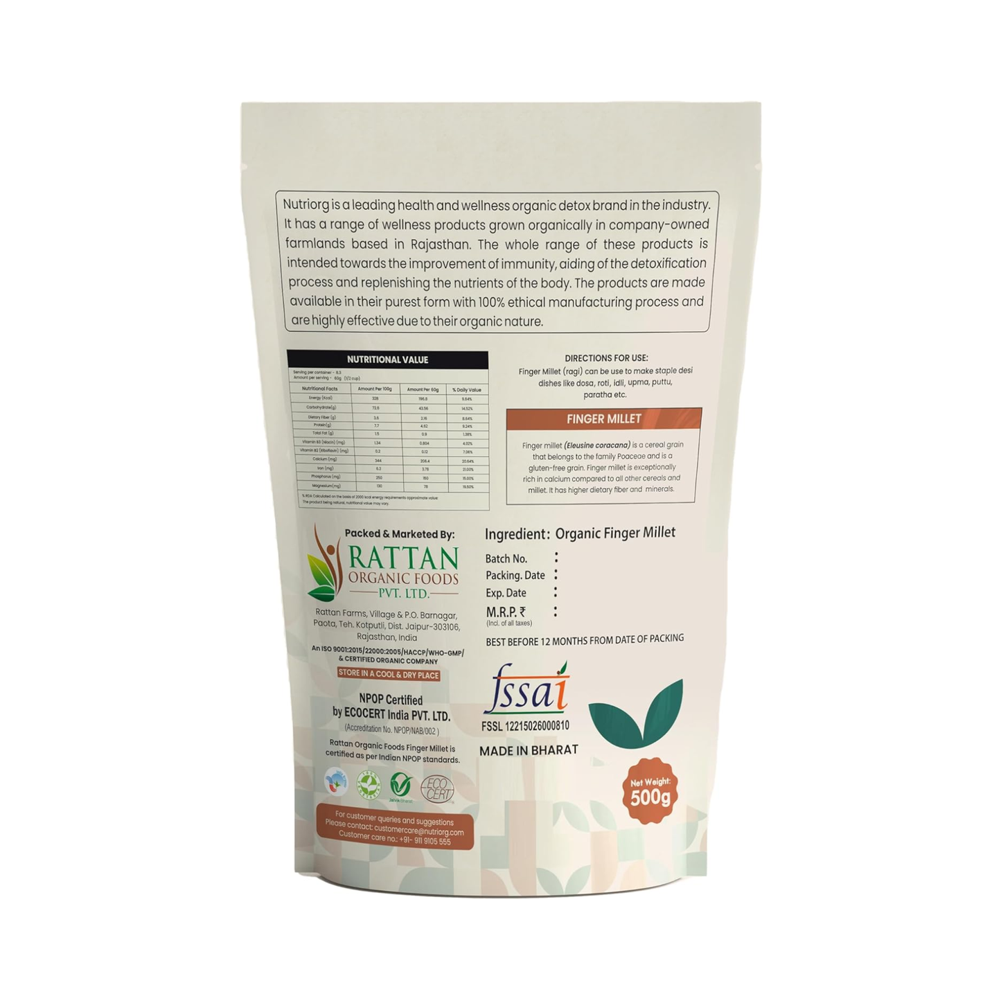 Nutriorg Organic Finger Millet (Ragi) 500g