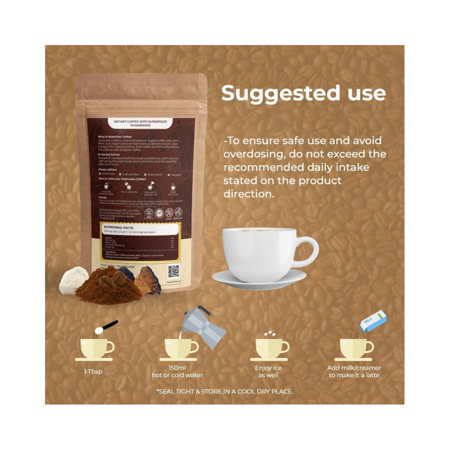Rooted Actives Instant Mushroom Coffee 100g