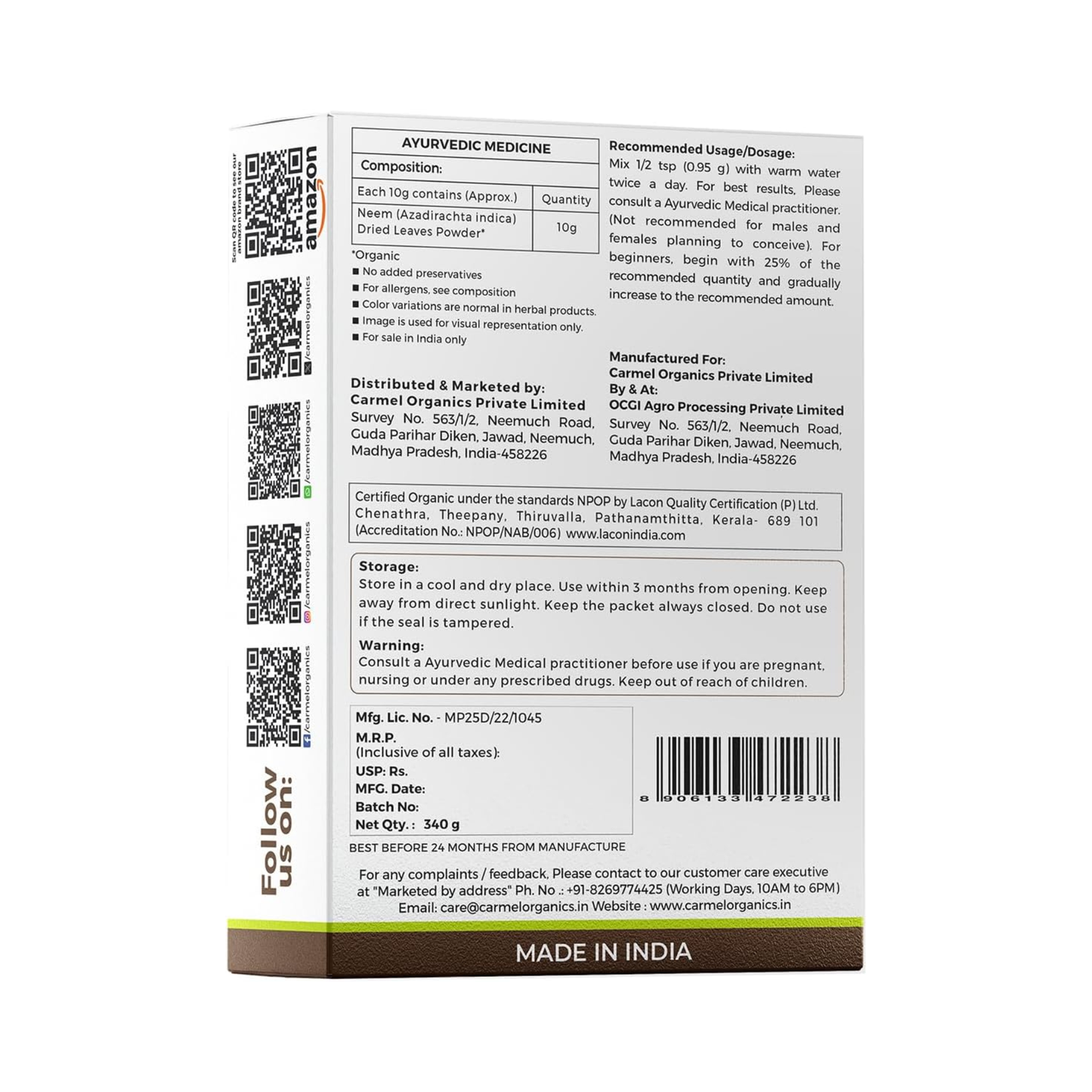 Carmel Organics Neem Powder 340g