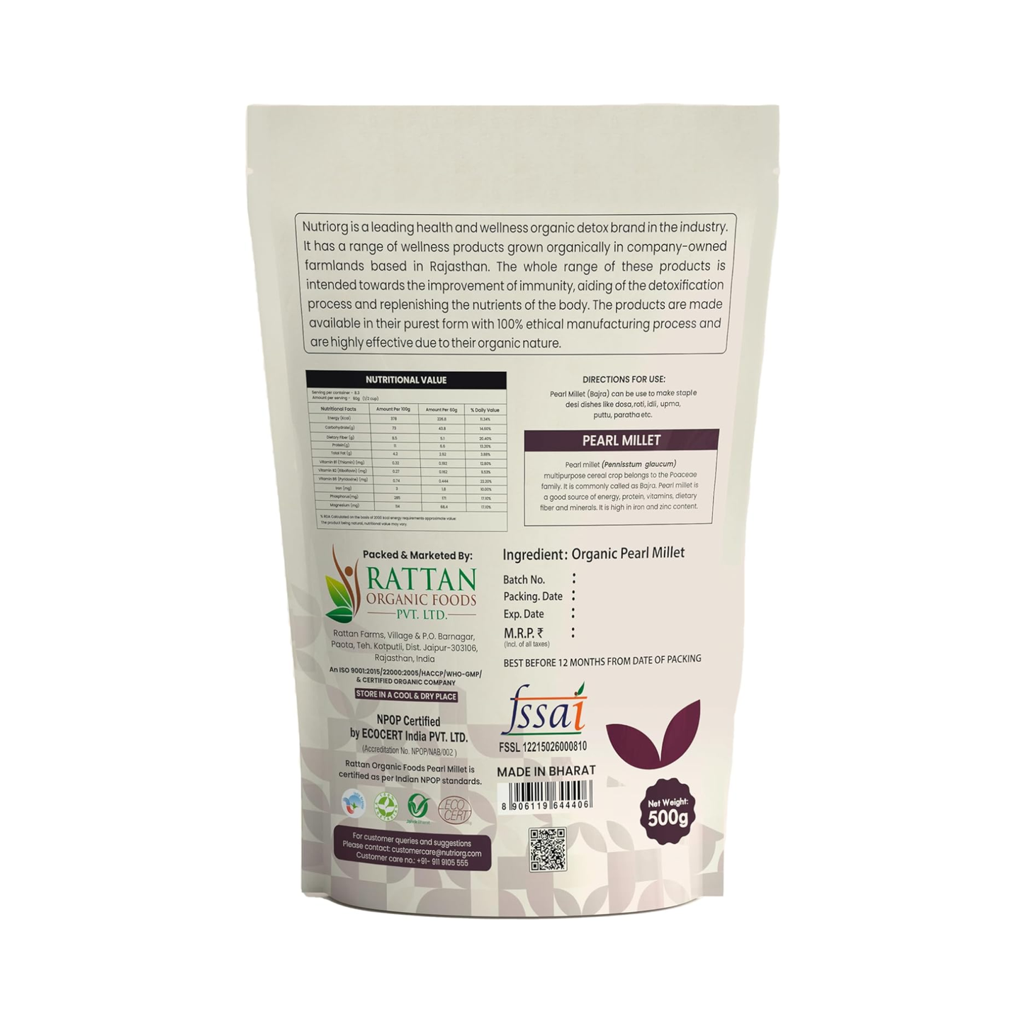 Nutriorg Organic Pearl Millet (Bajra) 500g