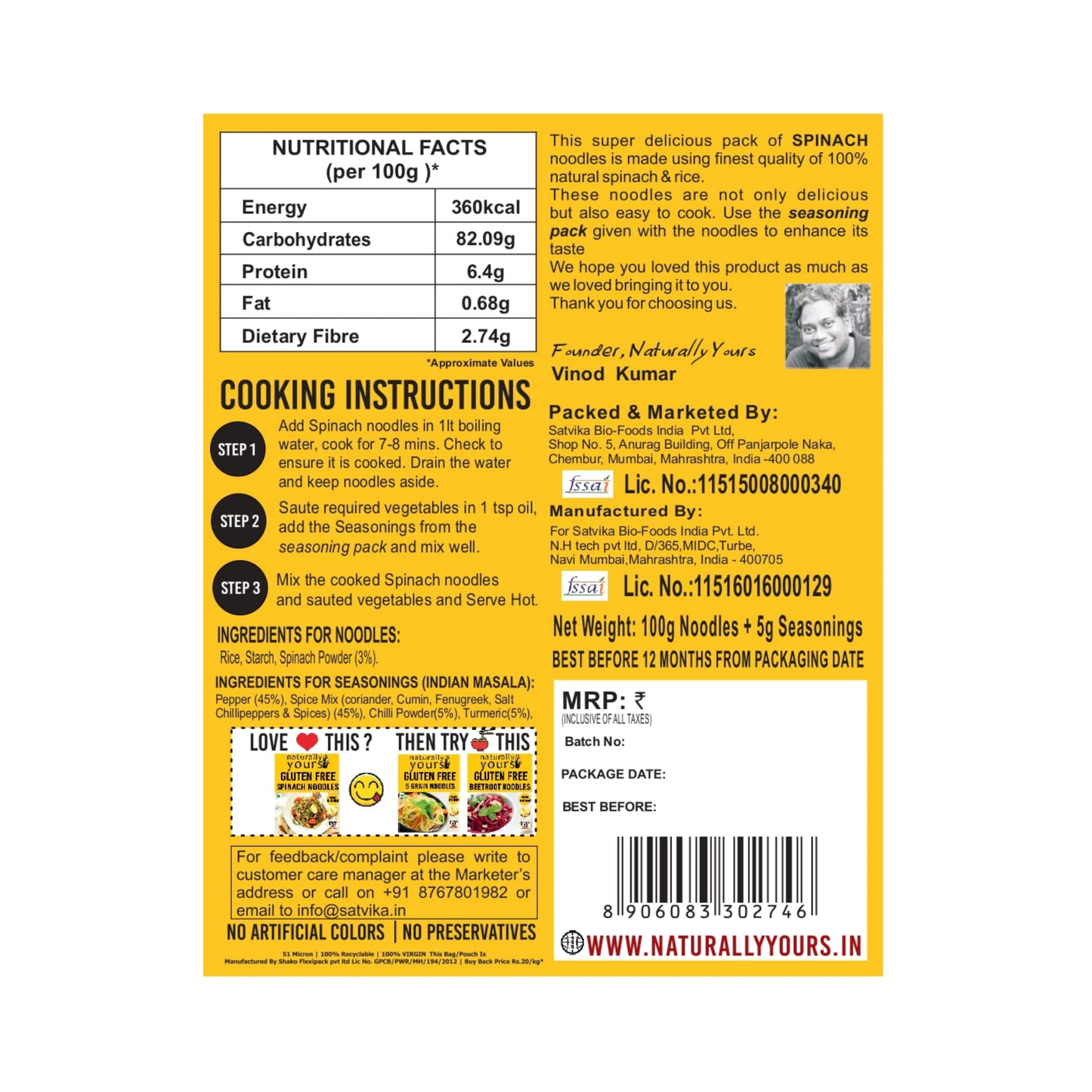 Naturally Yours Gluten Free Spinach Noodles 100g
