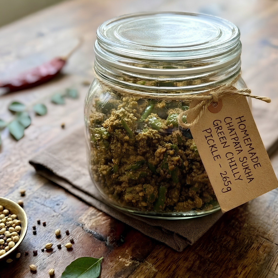 Homemade Chatpata sukha Green Chilly pickle 265g