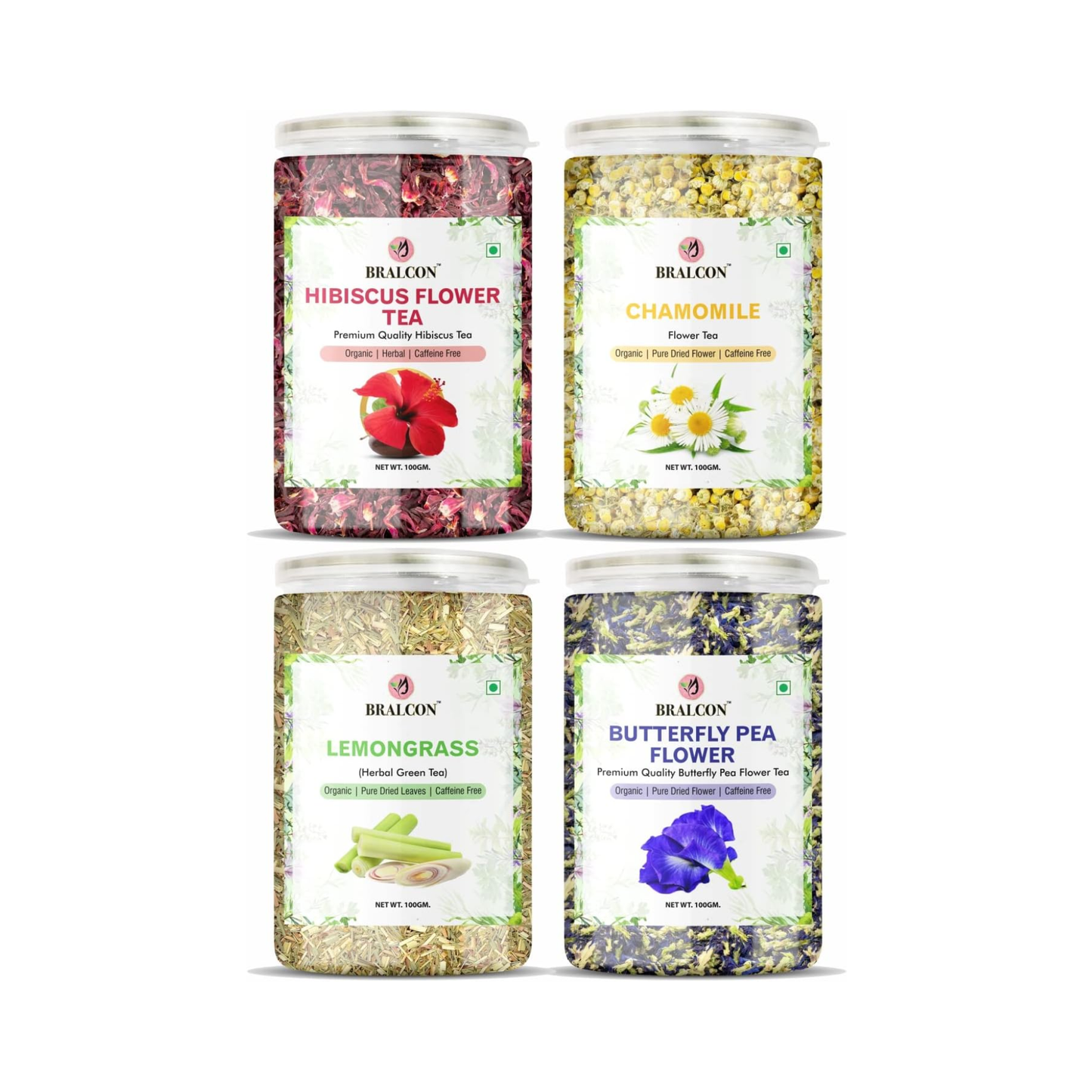 Bralcon Hibiscus Flower Tea,Butterfly Pea Flower Tea,Chamomile Flower Tea,Lemongrass Tea-400g(100g x 4 Pack)