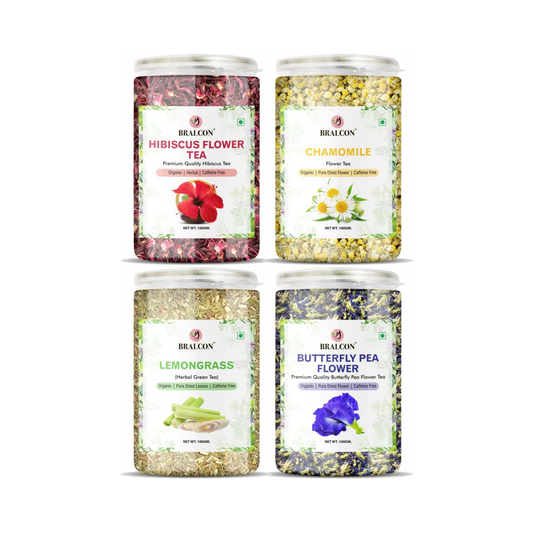 Bralcon Hibiscus Flower Tea,Butterfly Pea Flower Tea,Chamomile Flower Tea,Lemongrass Tea-400g(100g x 4 Pack)