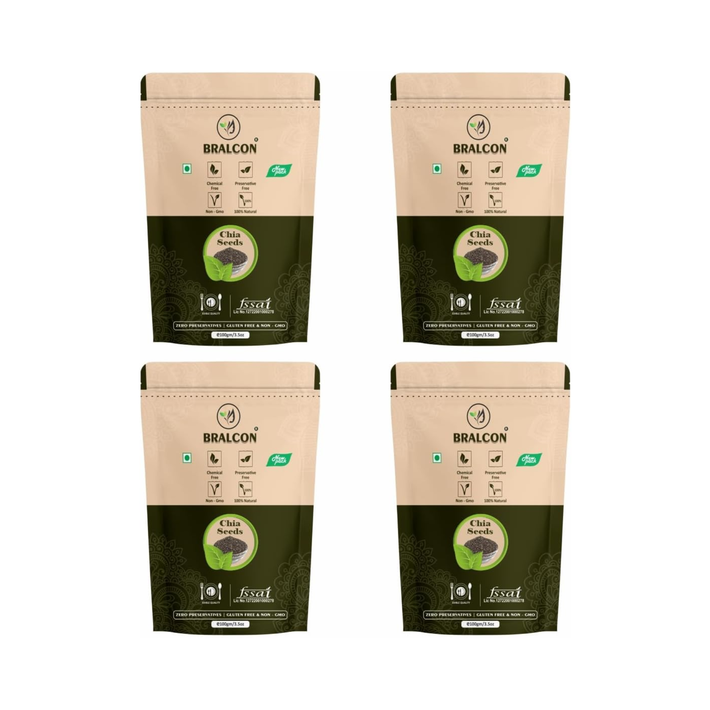 Bralcon Raw Unroasted Organic Chia Seeds-100g(Pack of 4)