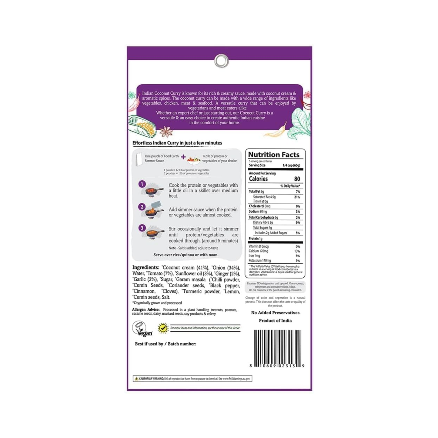 Food Earth Indian Simmer Sauce Coconut Curry 300g
