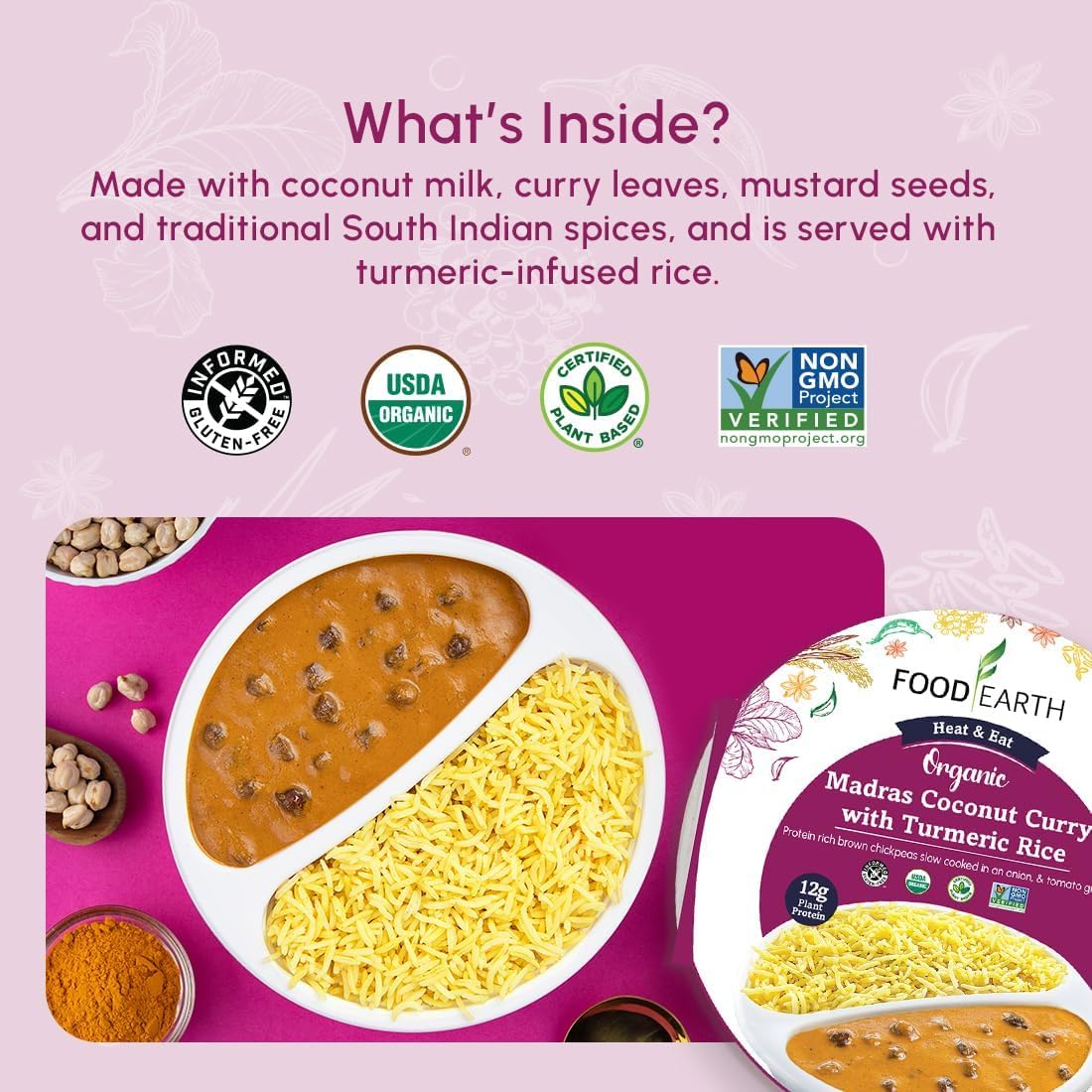 Food Earth Ready to Eat Indian Meal – Madras Coconut Curry with Turmeric Rice