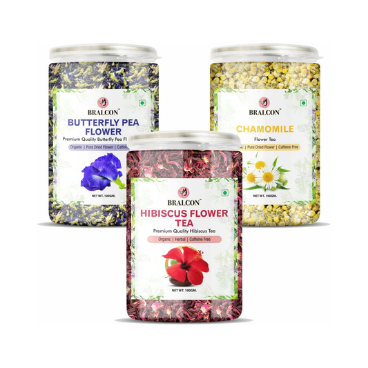 Bralcon Organic Herbal Tea Combo Pack- Butterfly Pea Flower, Hibiscus Flower, Chamomile Flower - 300g(100g x 3 Pack)