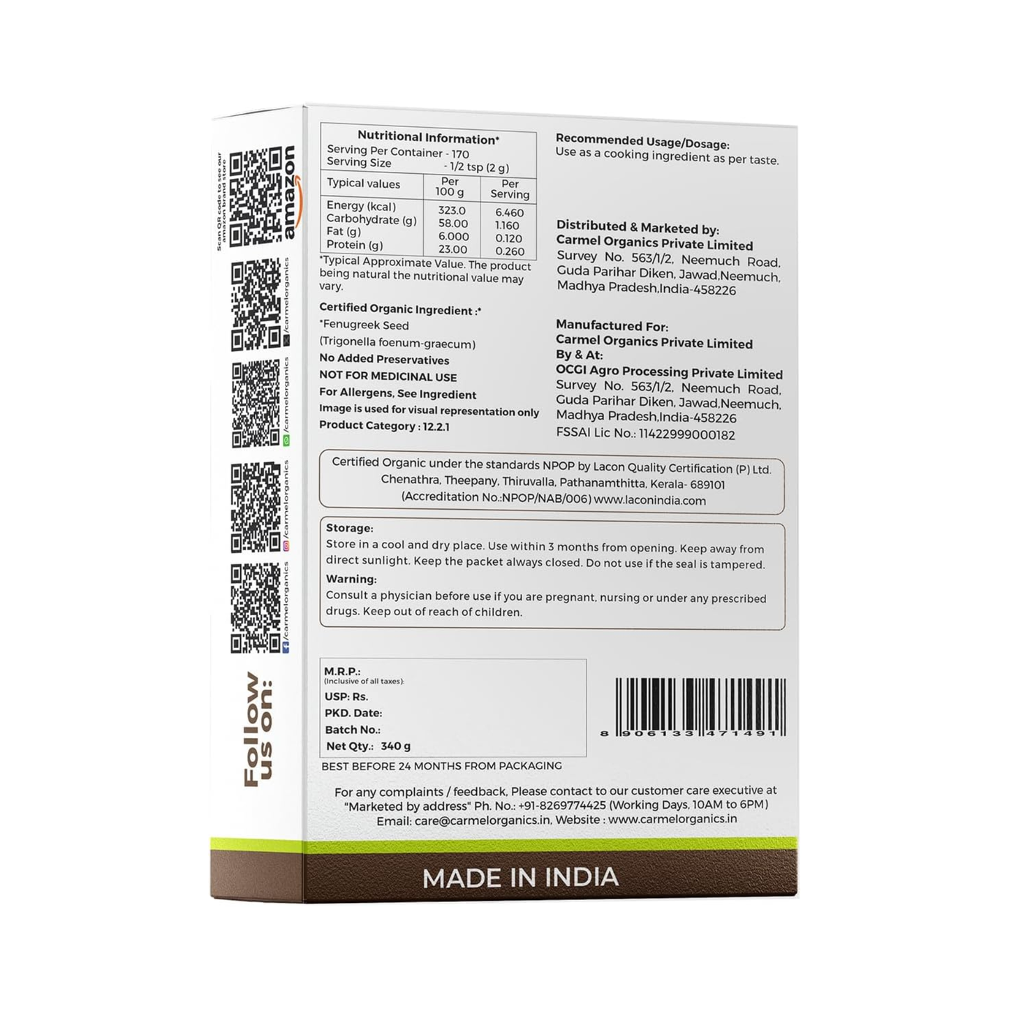 Carmel Organic Fenugreek seed 340g