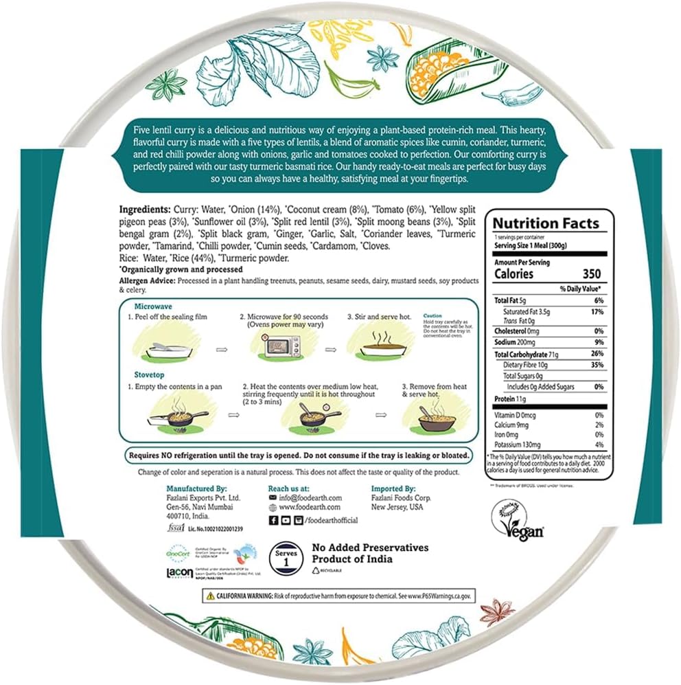 Food Earth Ready to Eat Indian Meal – Five Lentil Curry with Turmeric Rice