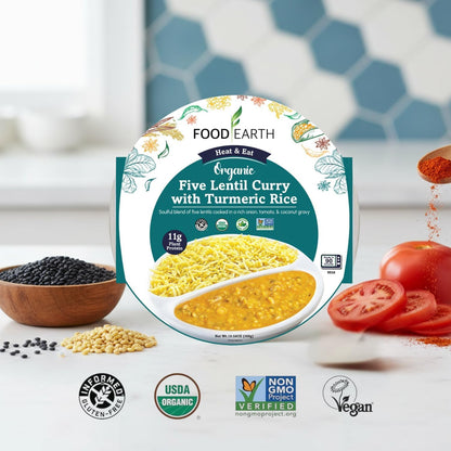 Food Earth Ready to Eat Indian Meal – Five Lentil Curry with Turmeric Rice