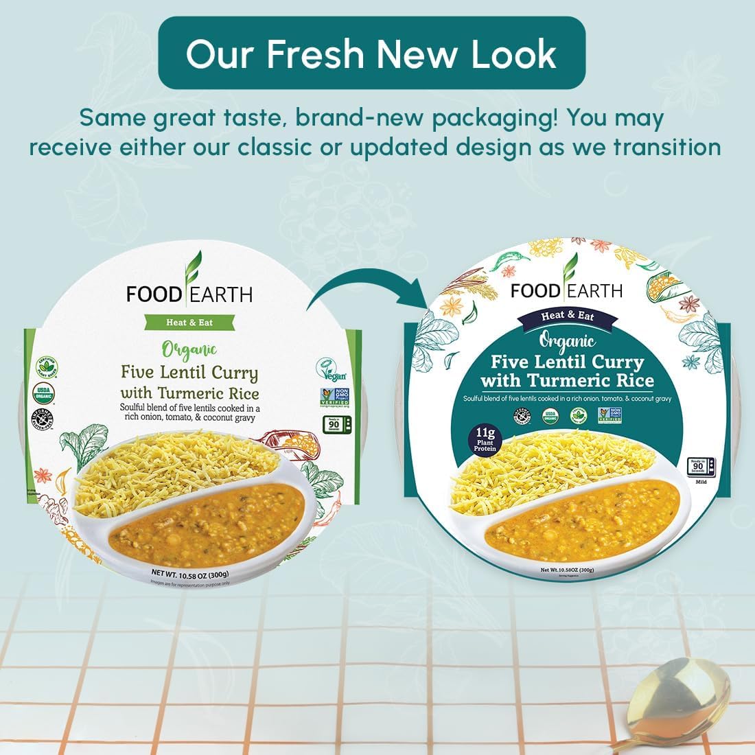 Food Earth Ready to Eat Indian Meal – Five Lentil Curry with Turmeric Rice