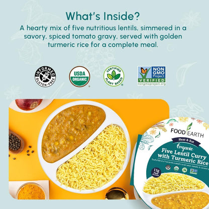 Food Earth Ready to Eat Indian Meal – Five Lentil Curry with Turmeric Rice