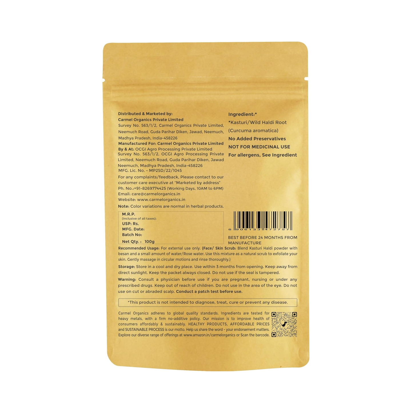 Carmel Organics Kasturi Haldi Turmeric Powder 100g