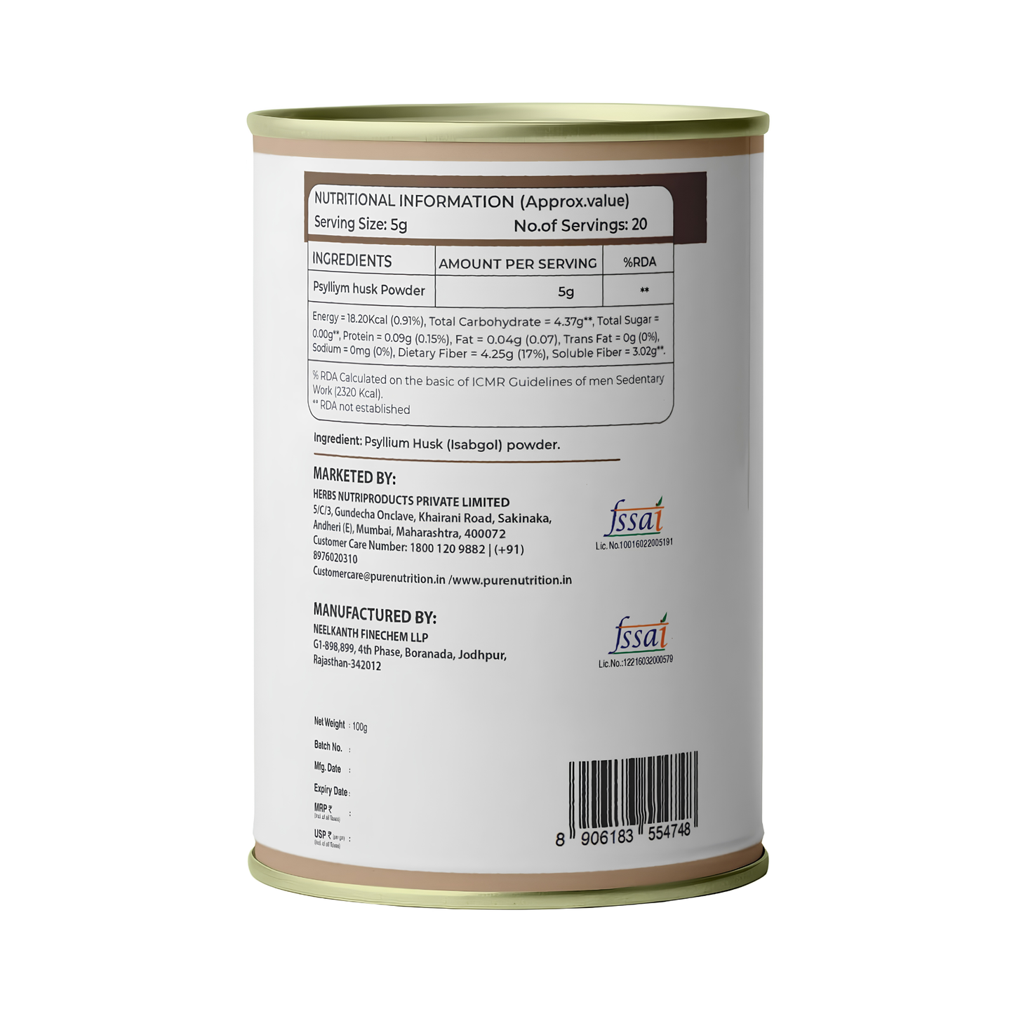 Pure Nutrition Psylliym Husk Isabgol Powder 100g
