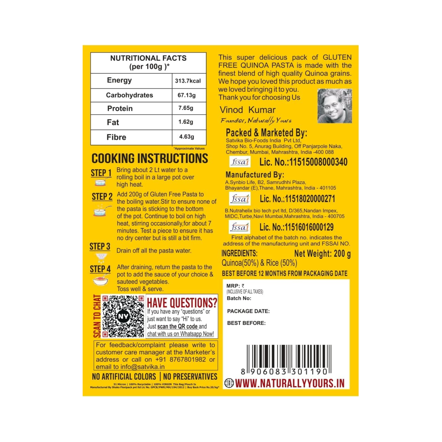 Naturally Yours Gluten Free Quinoa Pasta 200g