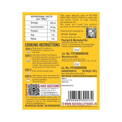 Naturally Yours Gluten Free Red Lentil Pasta 200g