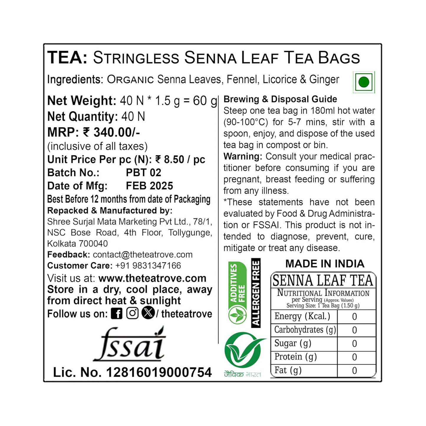 Senna Tea 40pcs biodegradable pyramid tea bags pouch