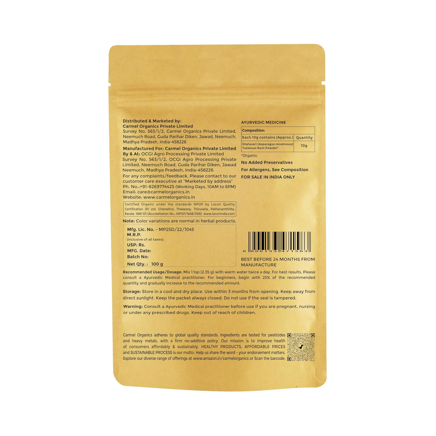 Carmel Organics Shatavari Powder 227g
