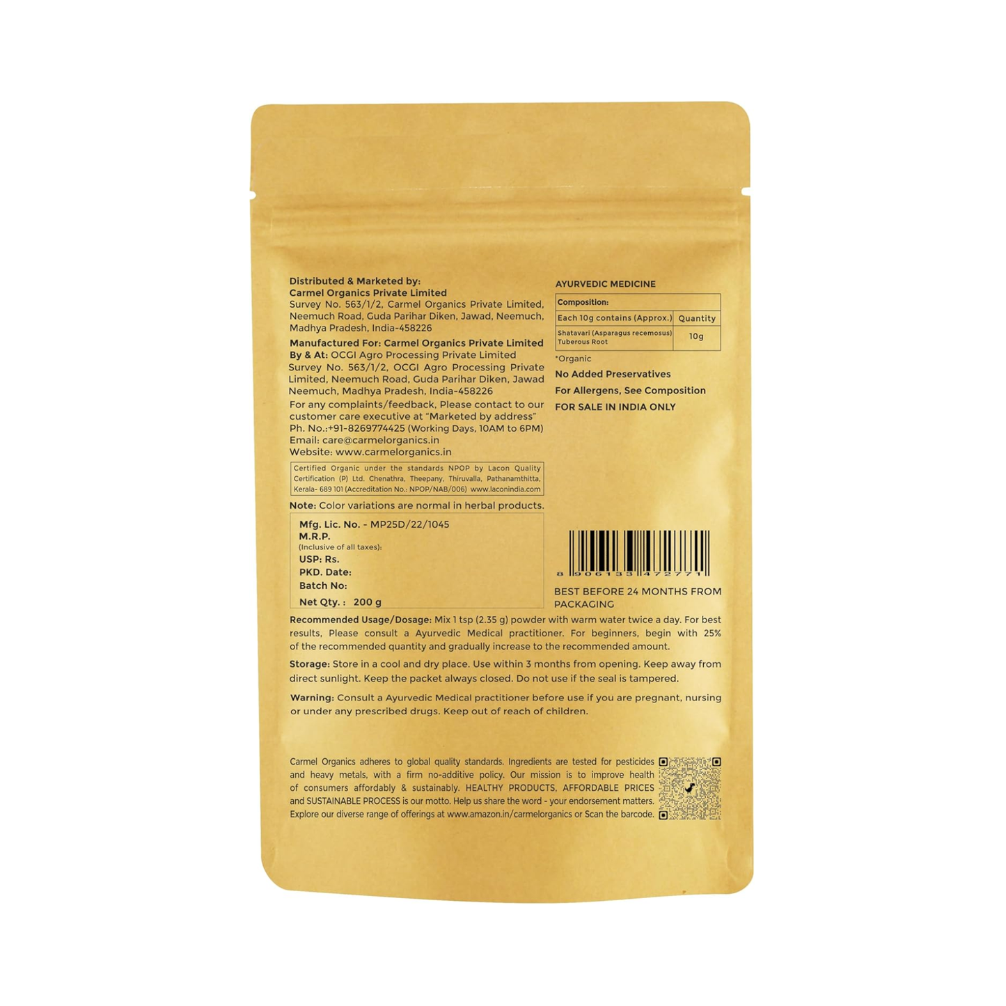 Carmel Organics Shatavari Root 200g