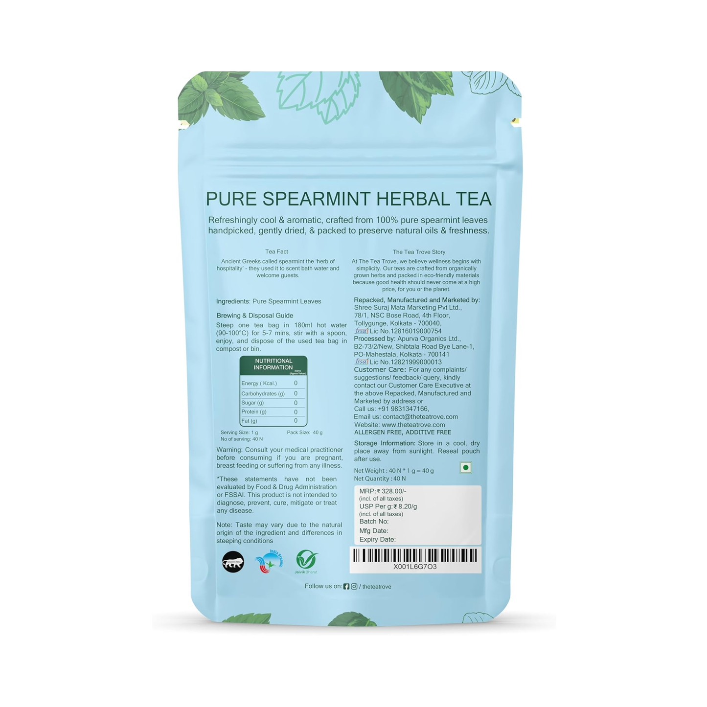 Spearmint 40pcs biodegradable pyramid tea bags pouch