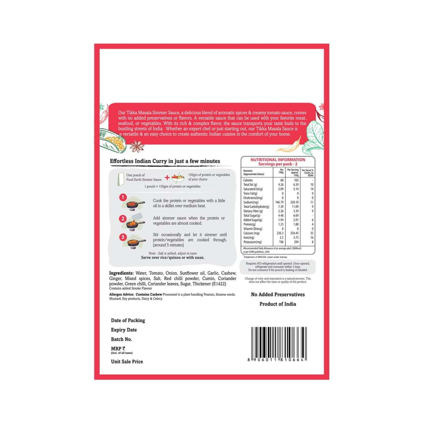 Food Earth Tikka Masala Simmer Sauce 300g
