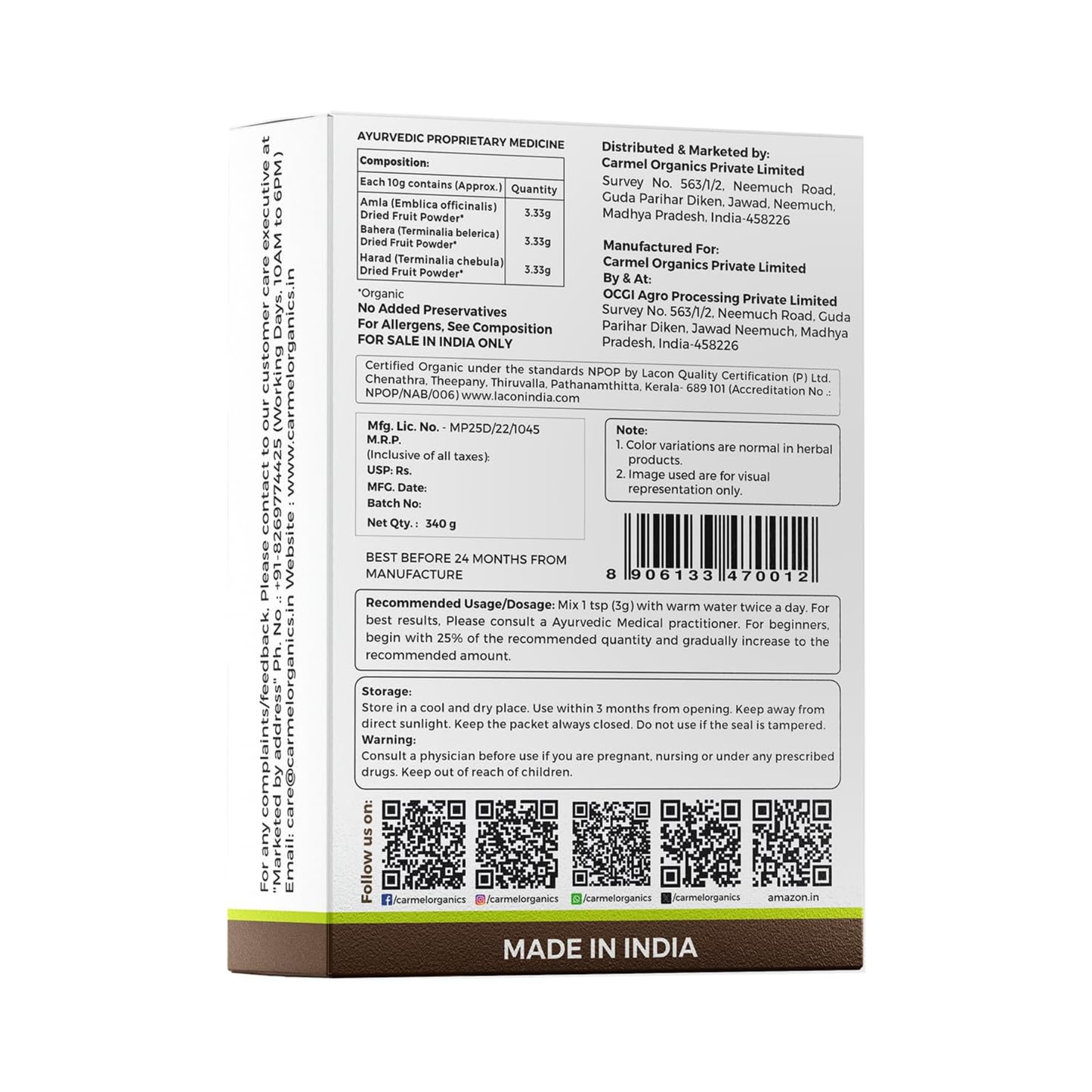 Carmel Organics Organic Triphala Powder 340g