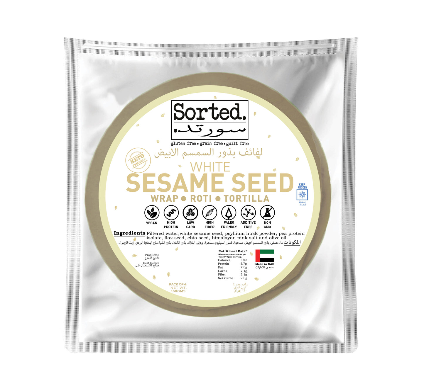 White Sesame Wrap with Pea Protein – 2gms Net Carbs | Gluten Free | Pack of 4